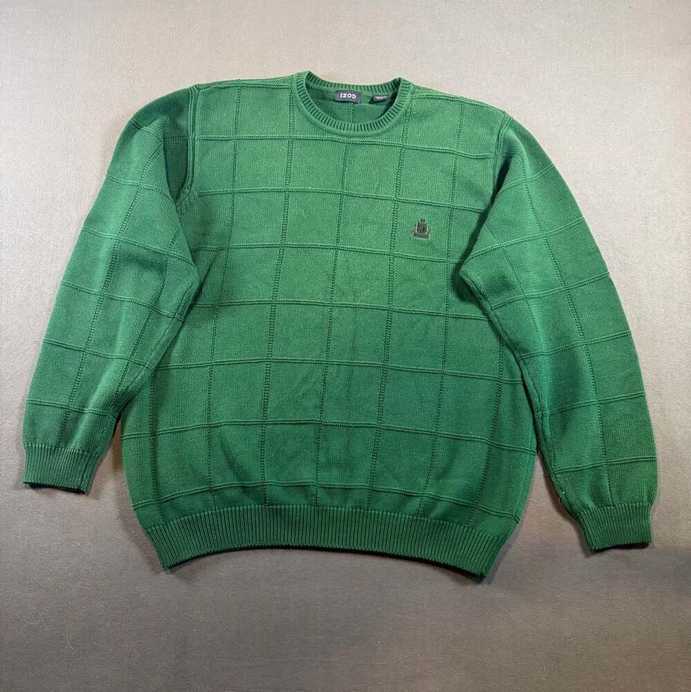 IZOD Sweater Size L Green Cotton Grid Knit Pullover Crest Logo Vintage